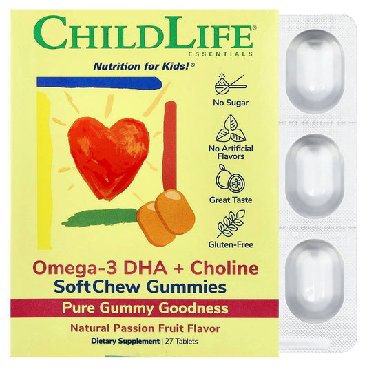 ChildLife Essentials Omega-3 DHA + Choline Gummies, Passion Fruit, 27 Tablets