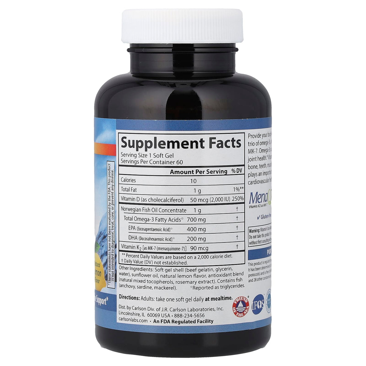 Carlson Elite Omega-3 Plus D & K, Natural Lemon, 60 Soft Gels — alternate product view