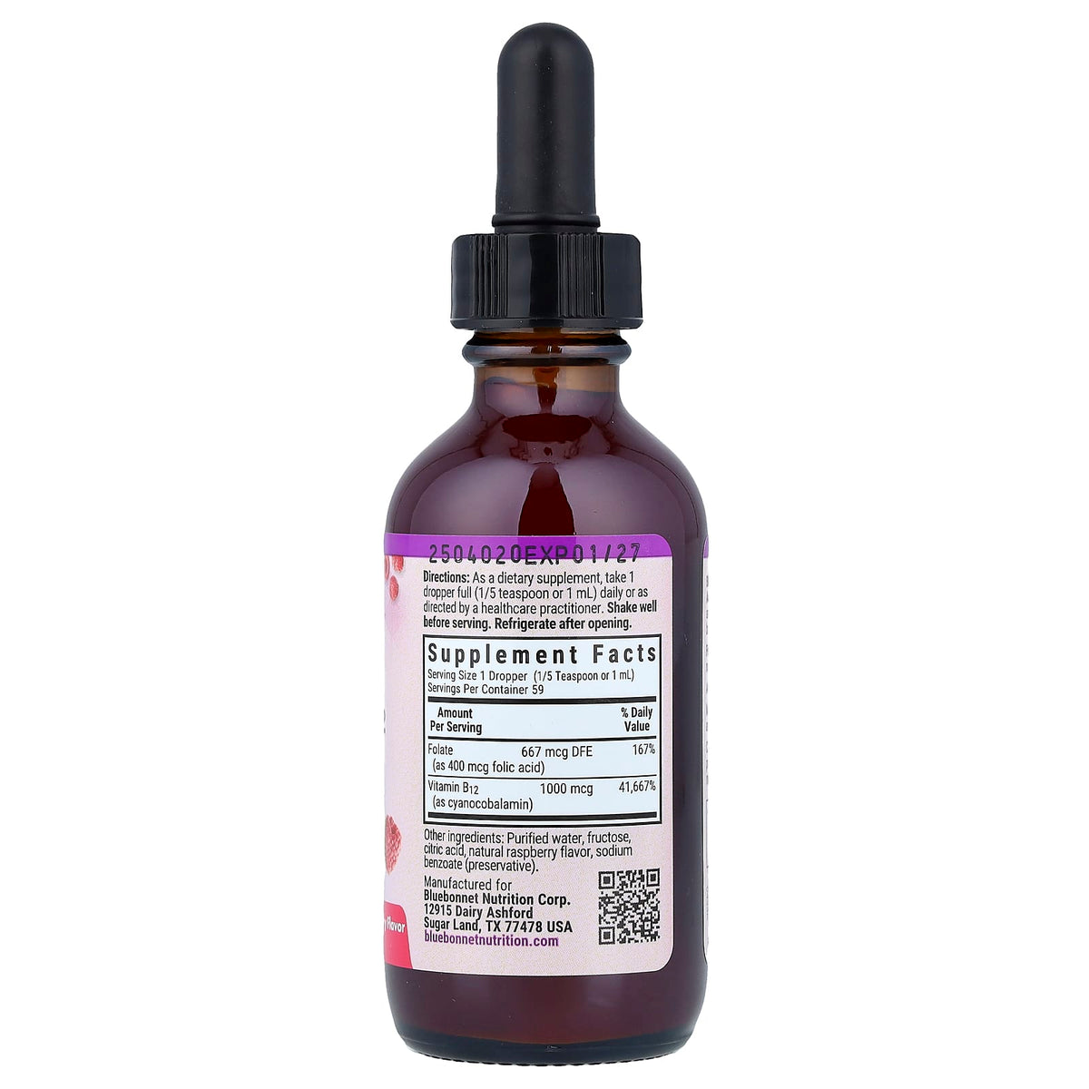 Bluebonnet Nutrition Liquid Vitamin B-12 & Folic Acid, Raspberry, 59 ml - view 2