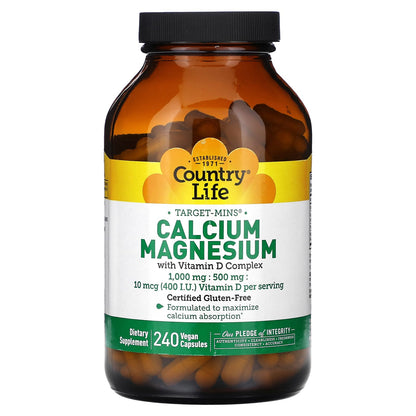 Country Life Target-Mins Calcium Magnesium with Vitamin D, 240 Vegan Capsules