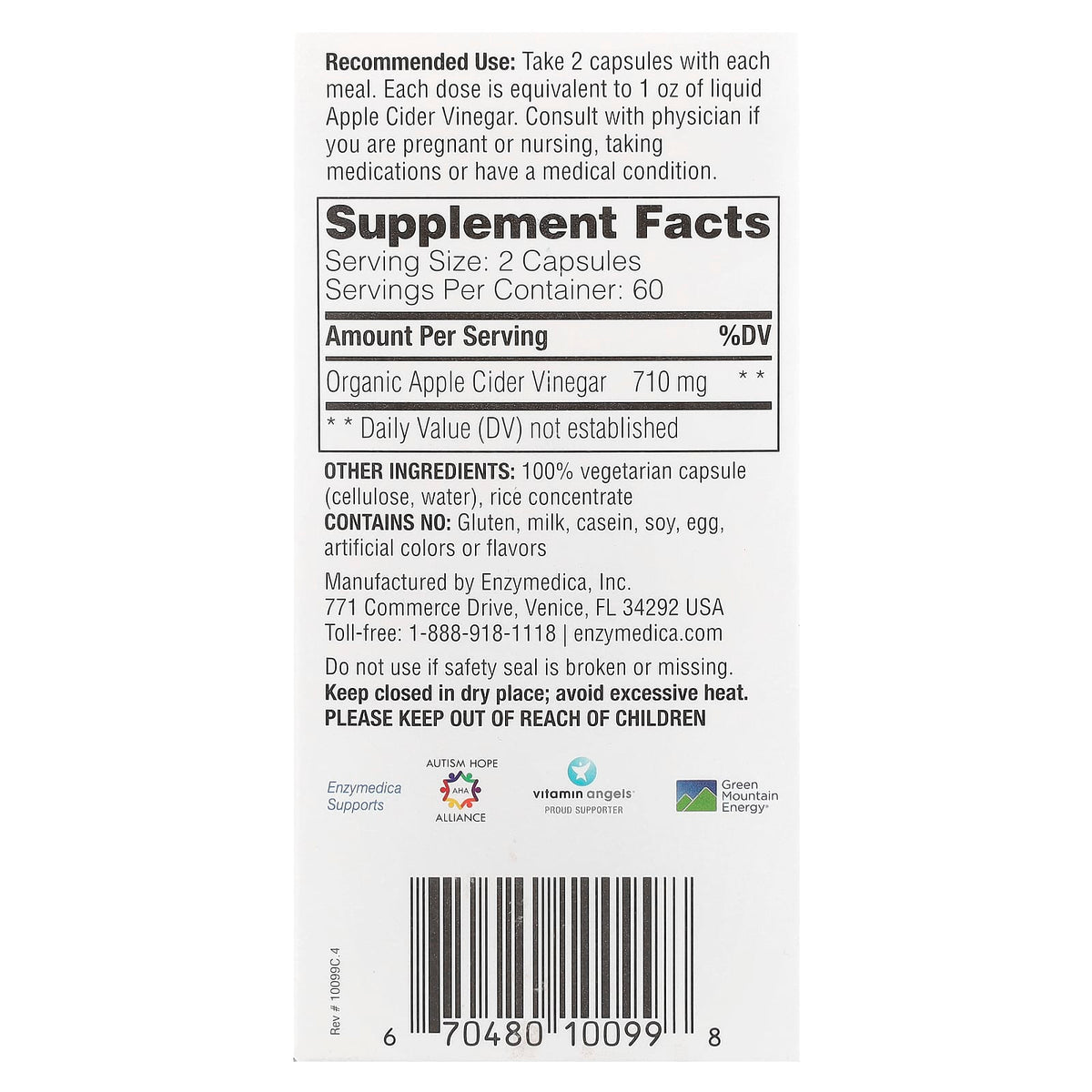 Enzymedica Apple Cider Vinegar with the Mother, 120 Capsules (355 mg Each) - view 2