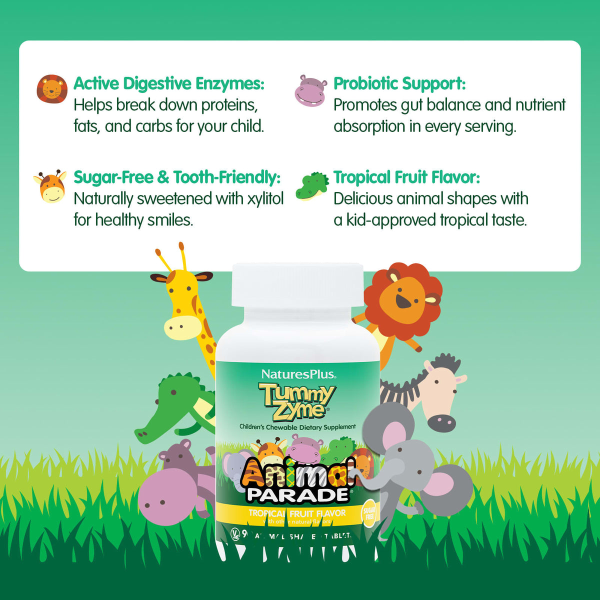 NaturesPlus Animal Parade Tummy Zyme, Tropical Fruit, 90 Animal-Shaped Tablets - view 3