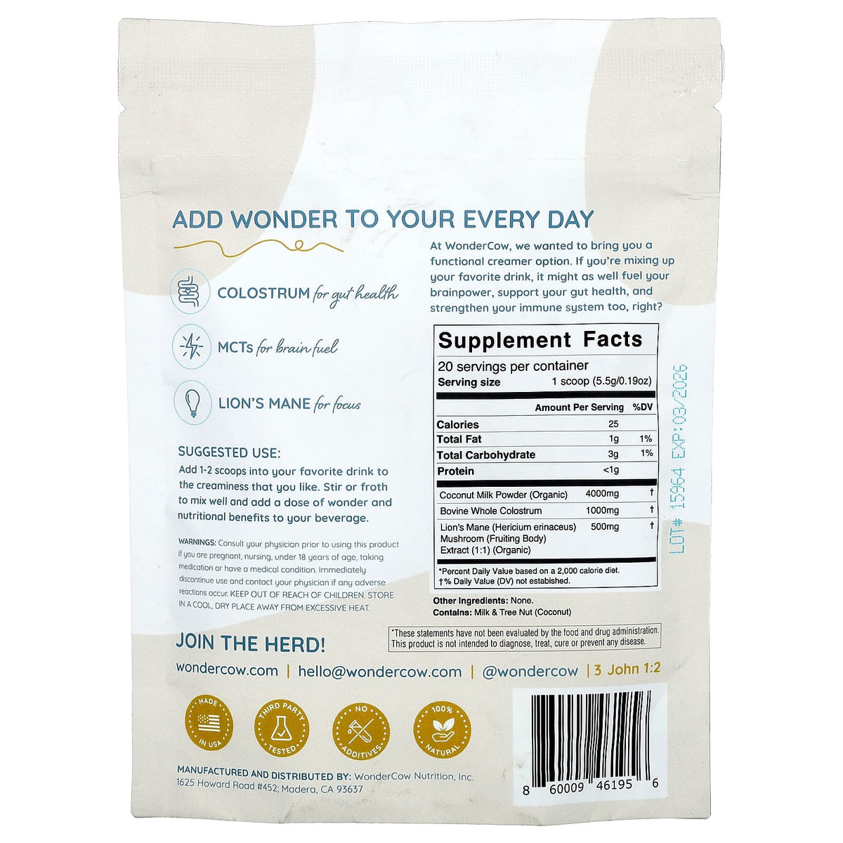 Wondercow WonderCream Colostrum Creamer Unsweetened 110 g (3.88 oz) — alternate product view