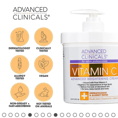 Advanced Clinicals Vitamin C Cream Face & Body Lotion Moisturizer | anti Aging Skin Care Firming & Brightening Cream for Body, Face, Uneven Skin Tone, Wrinkles, & Sun Damaged Dry Skin, 16 Oz