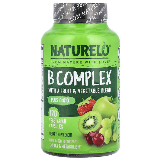 NATURELO B Complex with Fruit & Vegetable Blend + CoQ10, 120 Vegetarian Capsules