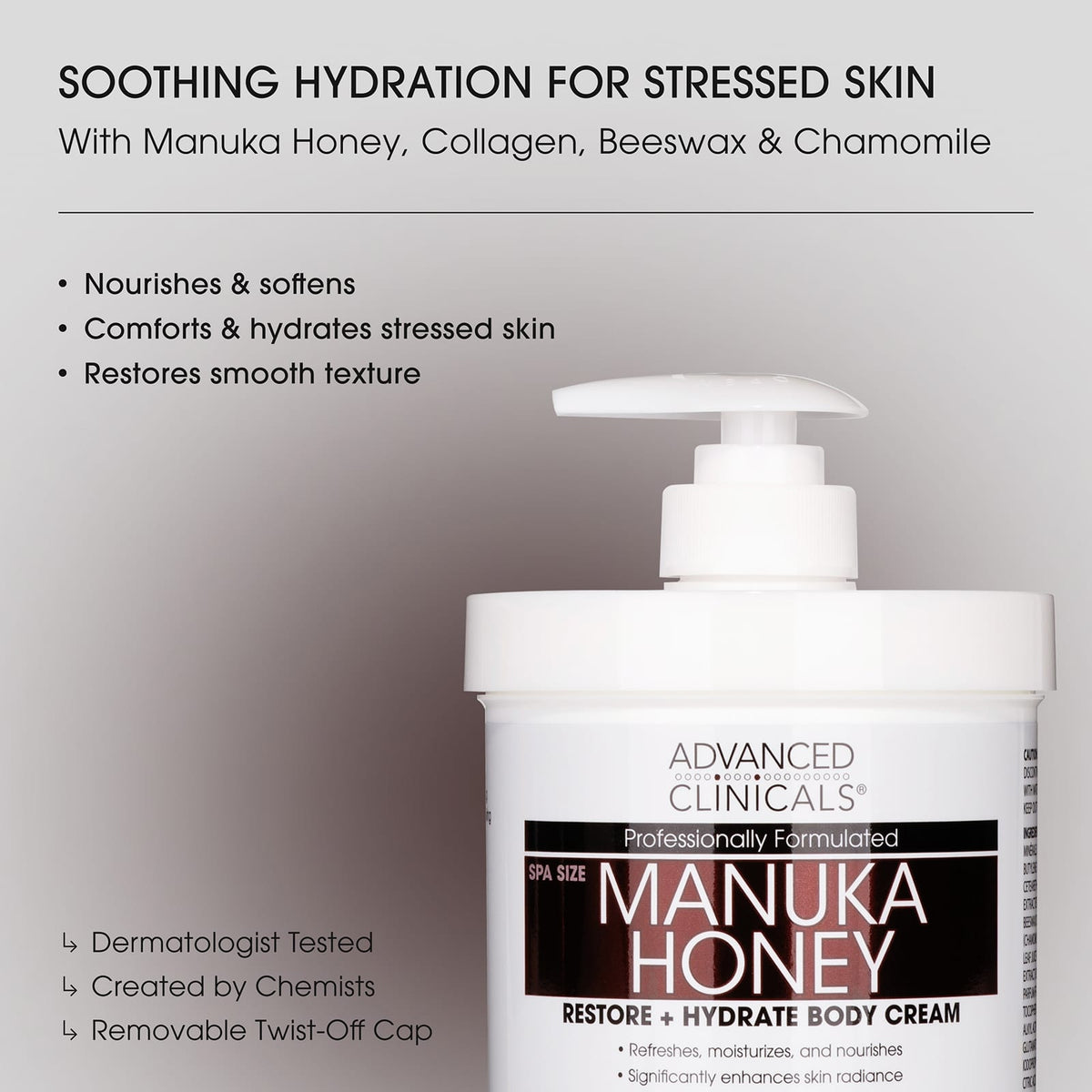 Advanced Clinicals Manuka Honey Restore + Hydrate Body Cream 454 g (16 oz) - view 4