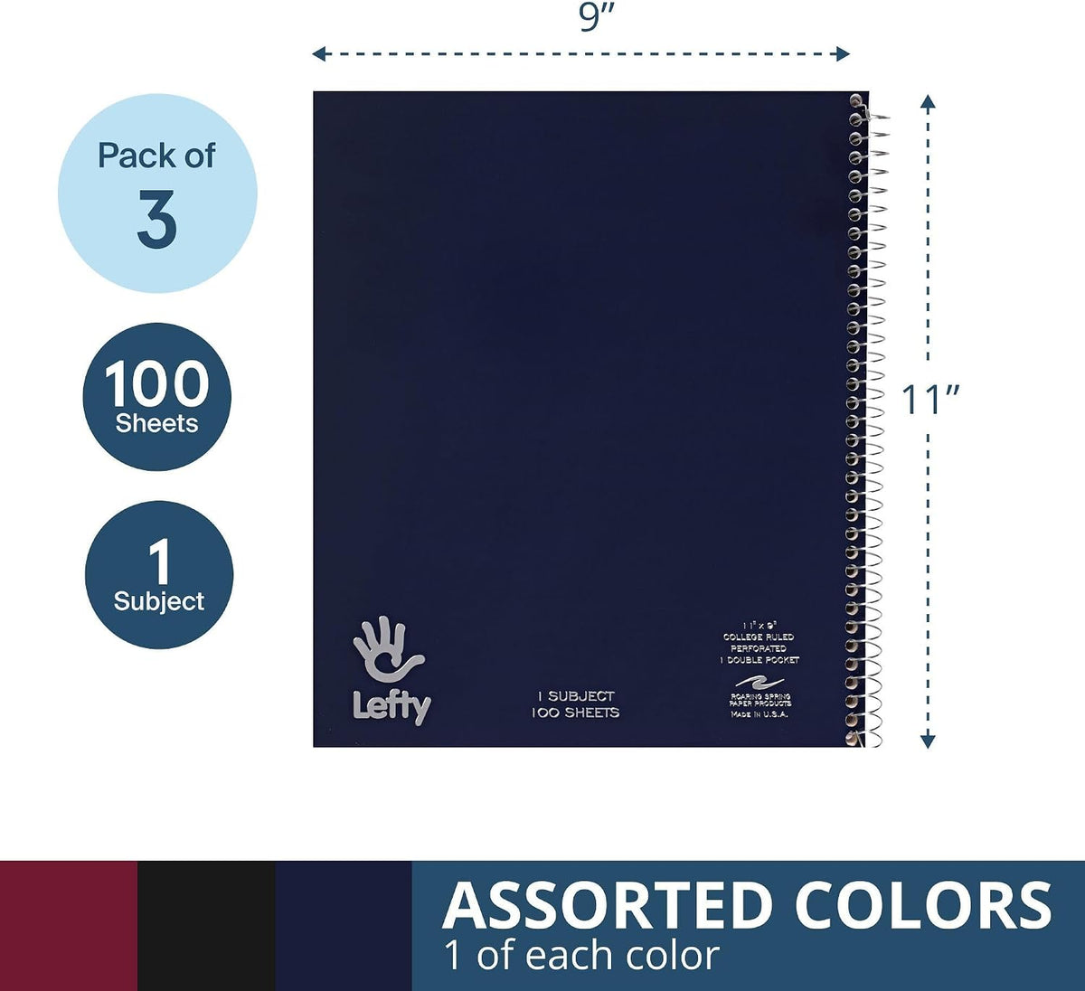 Roaring Spring Lefty Spiral Notebook, 3 Pack, 100 Sheets, College Ruled - view 2