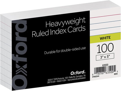 Oxford Heavyweight Ruled Index Cards, 3 x 5 Inch, White, 100 Pack