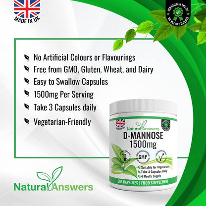 Natural Answers D-Mannose 1500 mg Vegetarian Capsules 365 Count - view 4