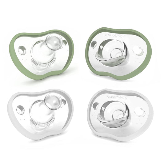 Nanobebe Orthodontic Dummies 0-3 Months, 100% Silicone - 4 Pack, Sage/White