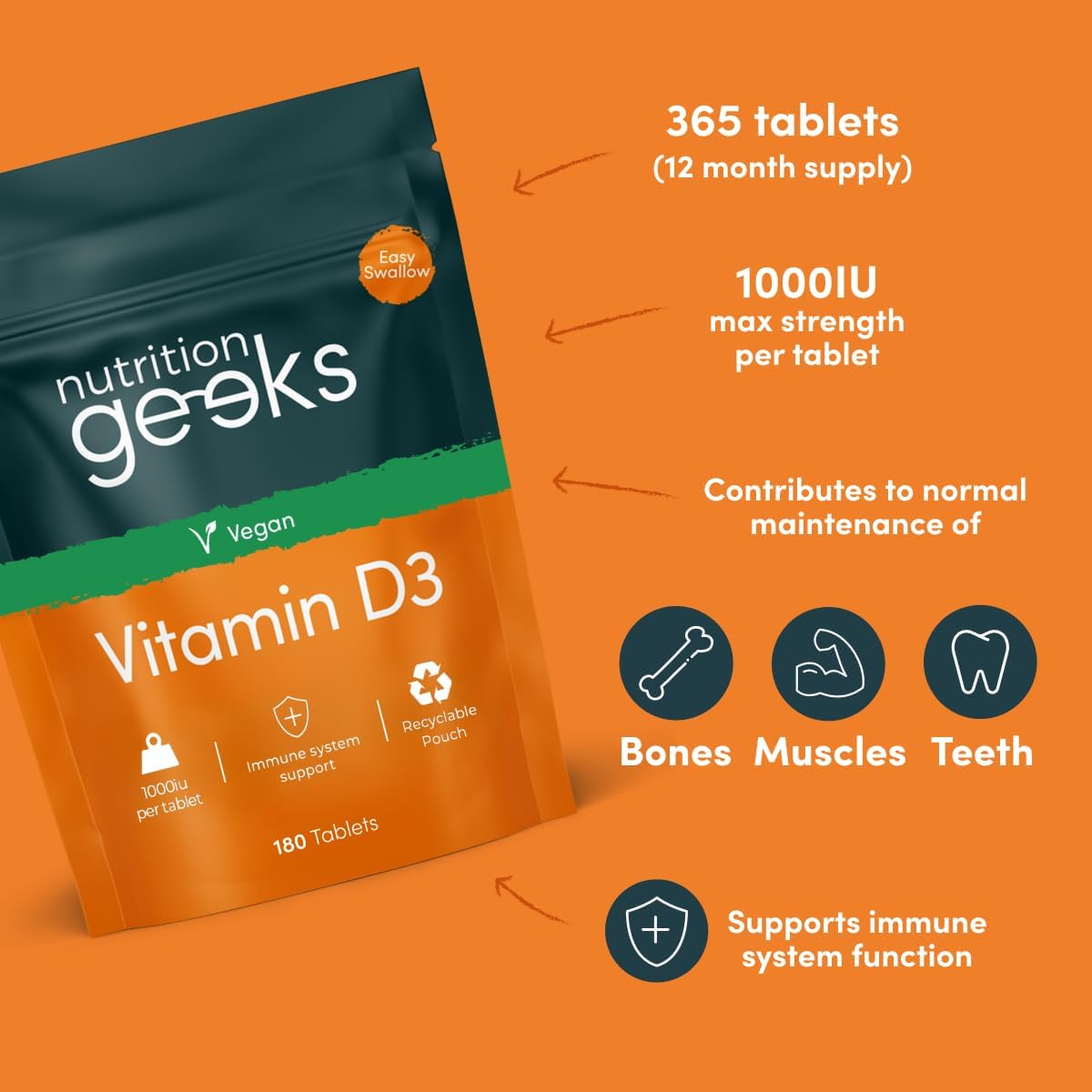 Nutrition Geeks Vegan Vitamin D3 1000iu Tablets, 180 Count - view 3