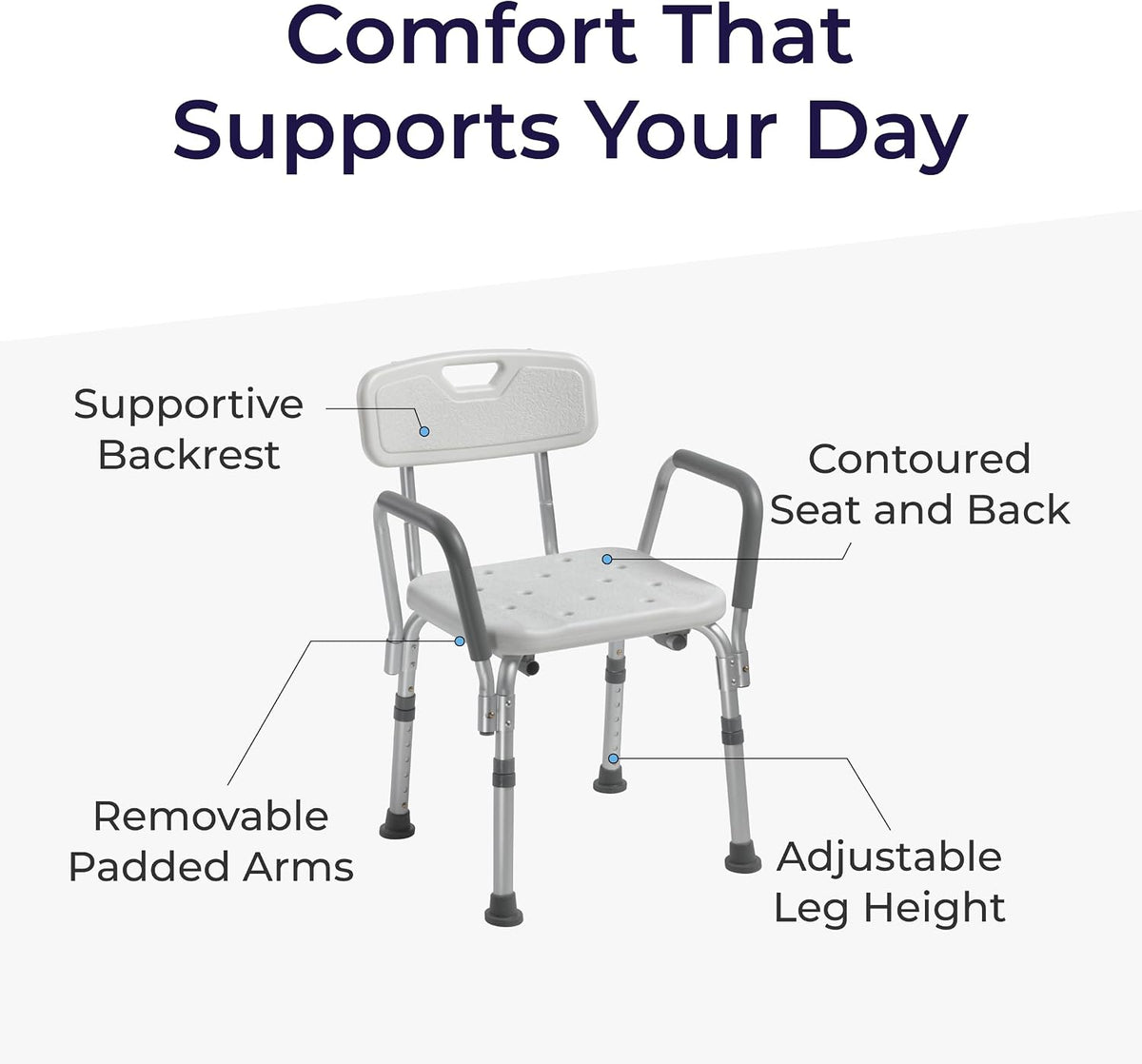 Drive Medical Premium Shower Chair with Back and Padded Arms, White - view 4