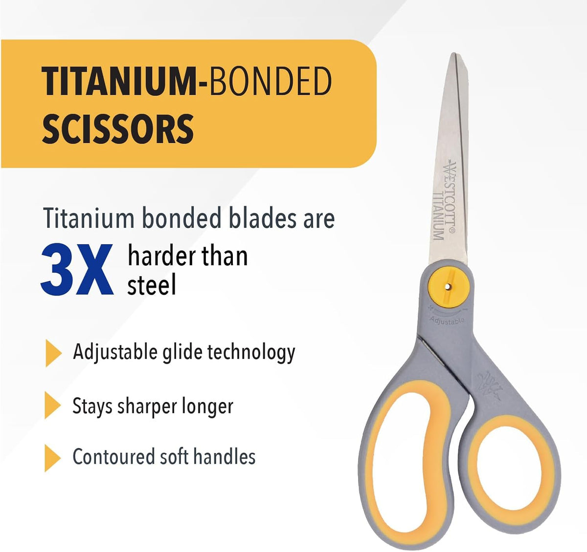 Westcott 8-Inch Titanium-Bonded Scissors with Adjustable Glide, Gray/Yellow — alternate product view