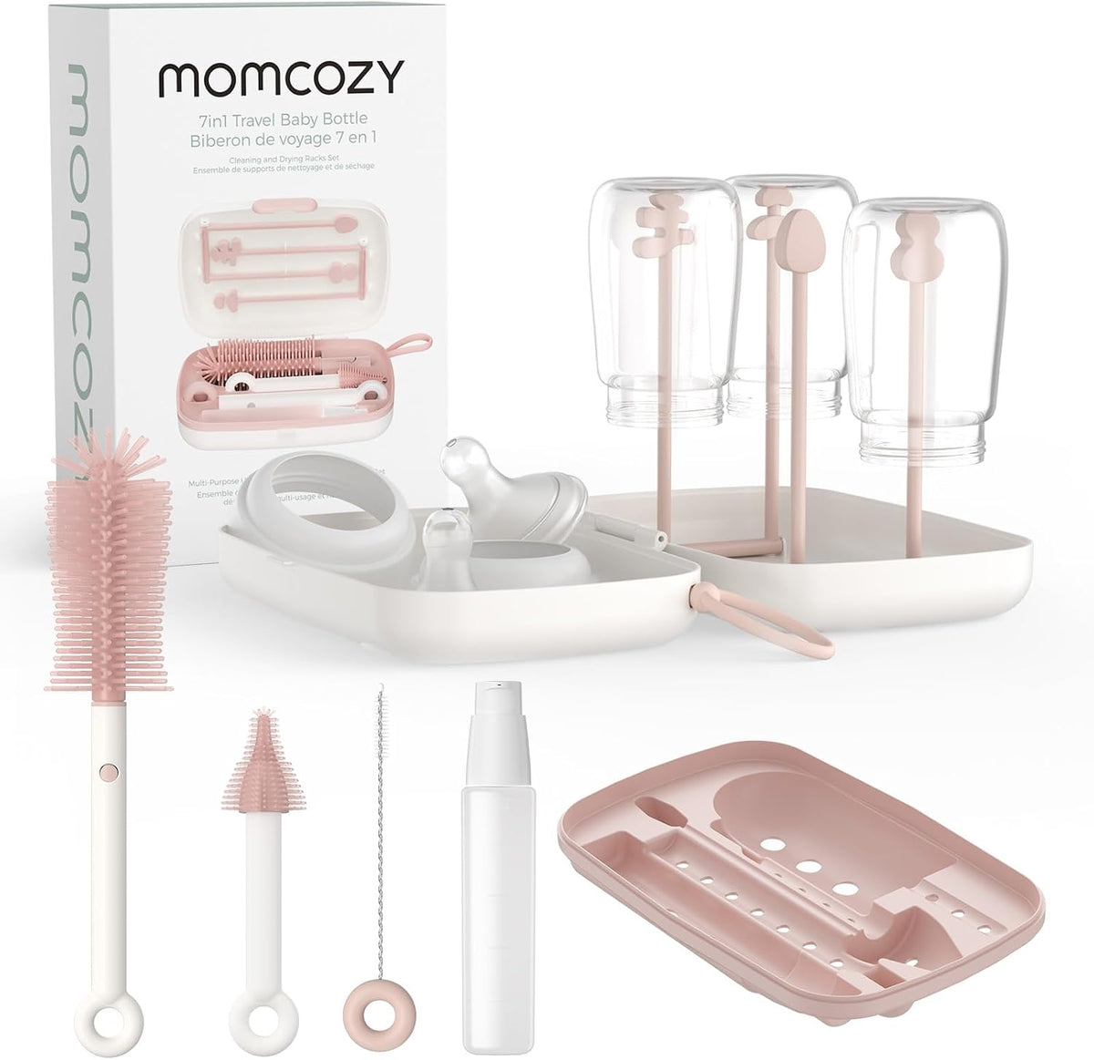 Momcozy 7-in-1 Baby Bottle Brush Set with Drying Rack, Pink — product view