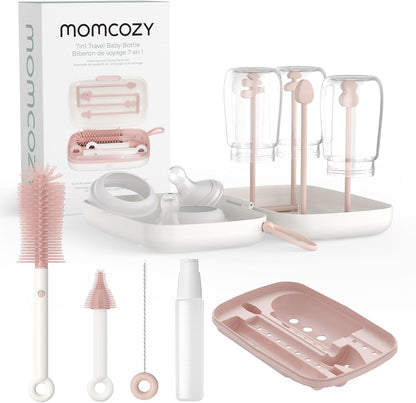 Momcozy 7-in-1 Baby Bottle Brush Set with Drying Rack, Pink