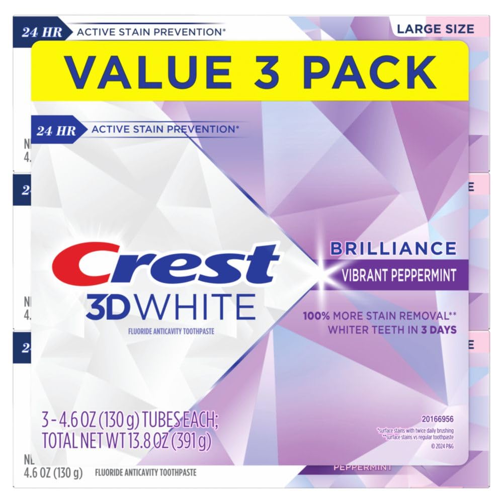 Crest Toothpaste 3D White Brilliance Vibrant Peppermint, 4.6 Oz (Pack of 3)