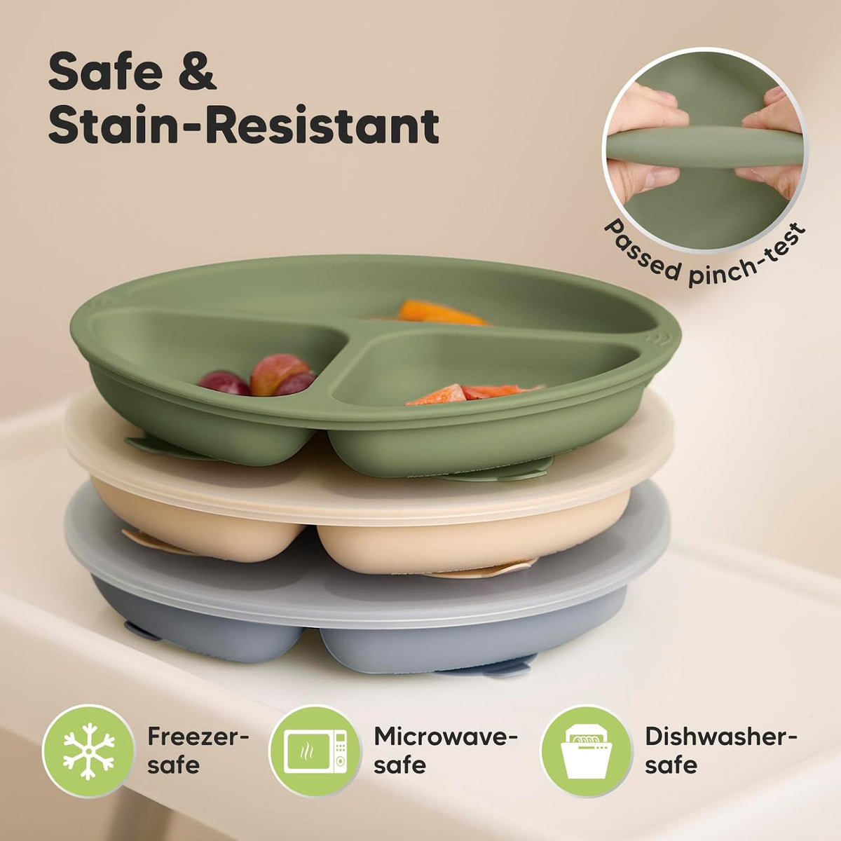 KeaBabies Silicone Suction Plates with Lids, 3 Pack, Slate - view 5