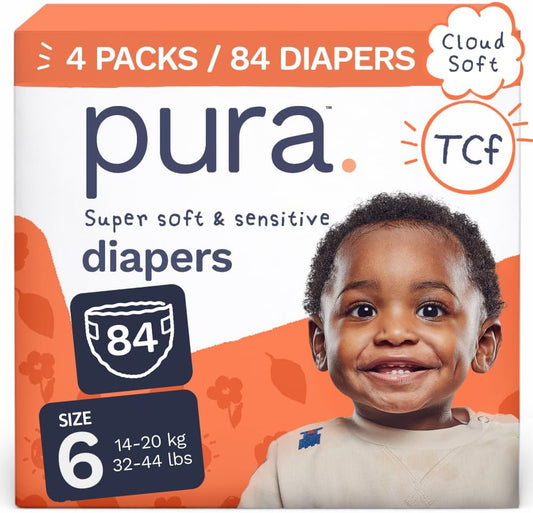 Pura Baby Nappies Size 6 (32-44 lbs), 84 Count, Sensitive Skin