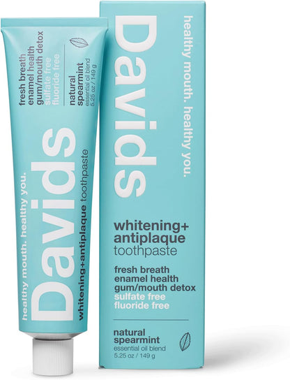 Davids Natural Spearmint Whitening Toothpaste, Fluoride-Free 5.25 oz Metal Tube