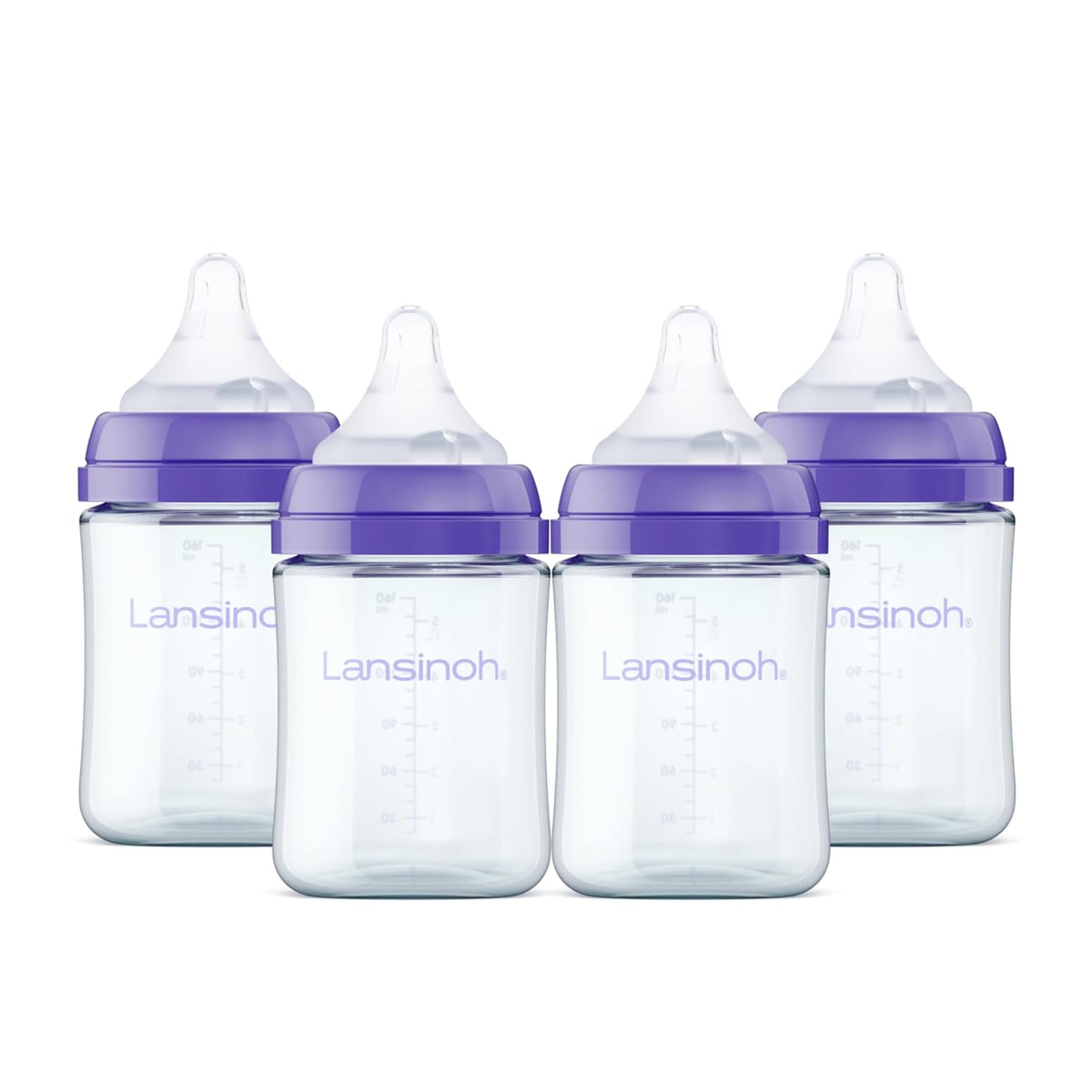Lansinoh Anti-Colic Glass Baby Bottles, 5 oz (150 ml), 4 Count, Purple Collar