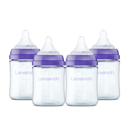 Lansinoh Anti-Colic Glass Baby Bottles, 5 oz (150 ml), 4 Count, Purple Collar