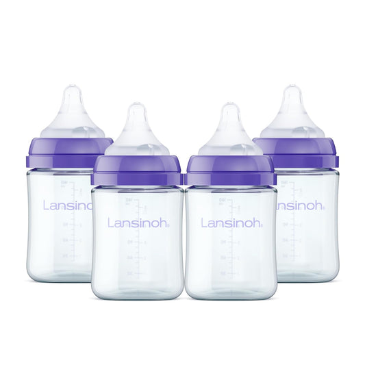 Lansinoh Anti-Colic Glass Baby Bottles, 5 oz (150 ml), 4 Count, Purple Collar