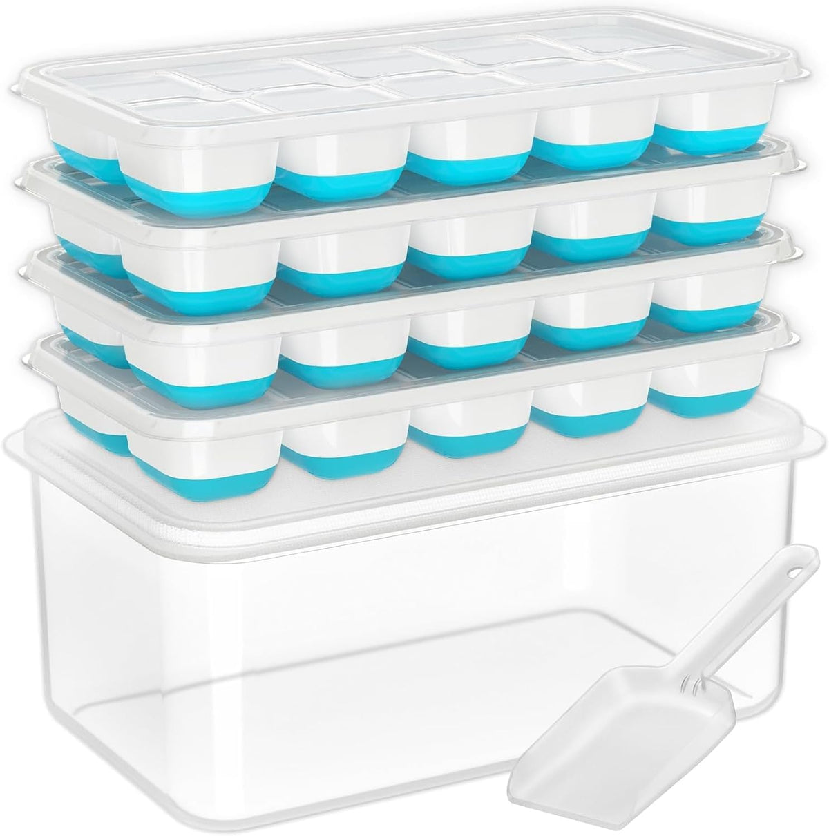 DOQAUS Silicone Ice Cube Trays with Lids and Bin, 4 Pack