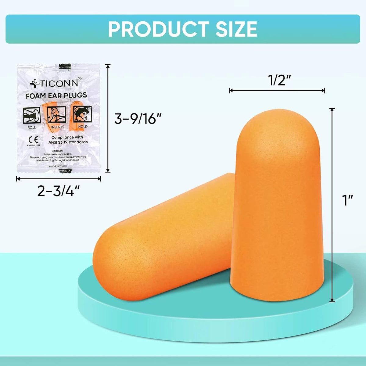 TICONN Foam Ear Plugs, 200 Pairs, Individually Wrapped, 32dB NRR — alternate product view