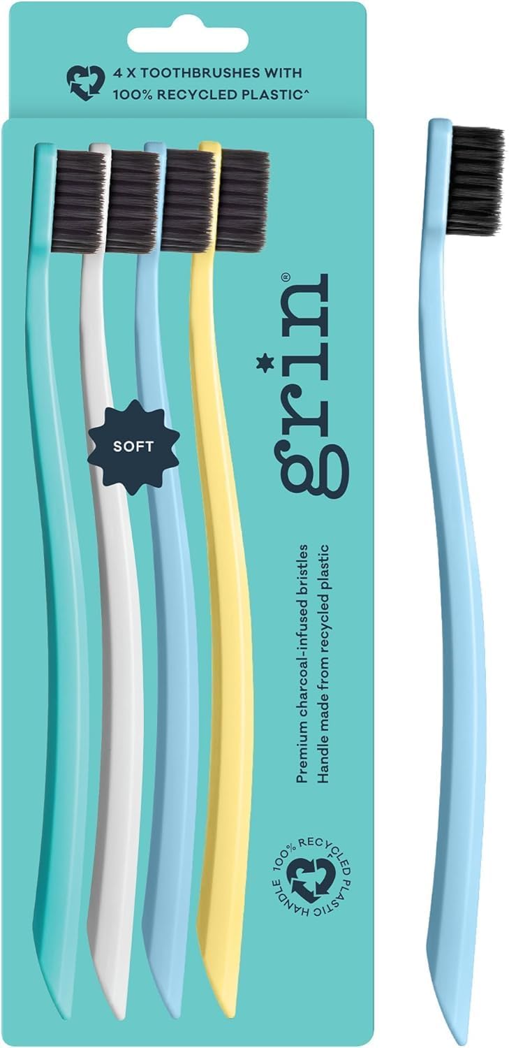 Grin Ultra Soft Charcoal Toothbrush for Adults, 4 Count, Summer Beach