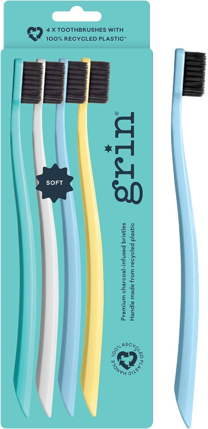 Grin Ultra Soft Charcoal Toothbrush for Adults, 4 Count, Summer Beach