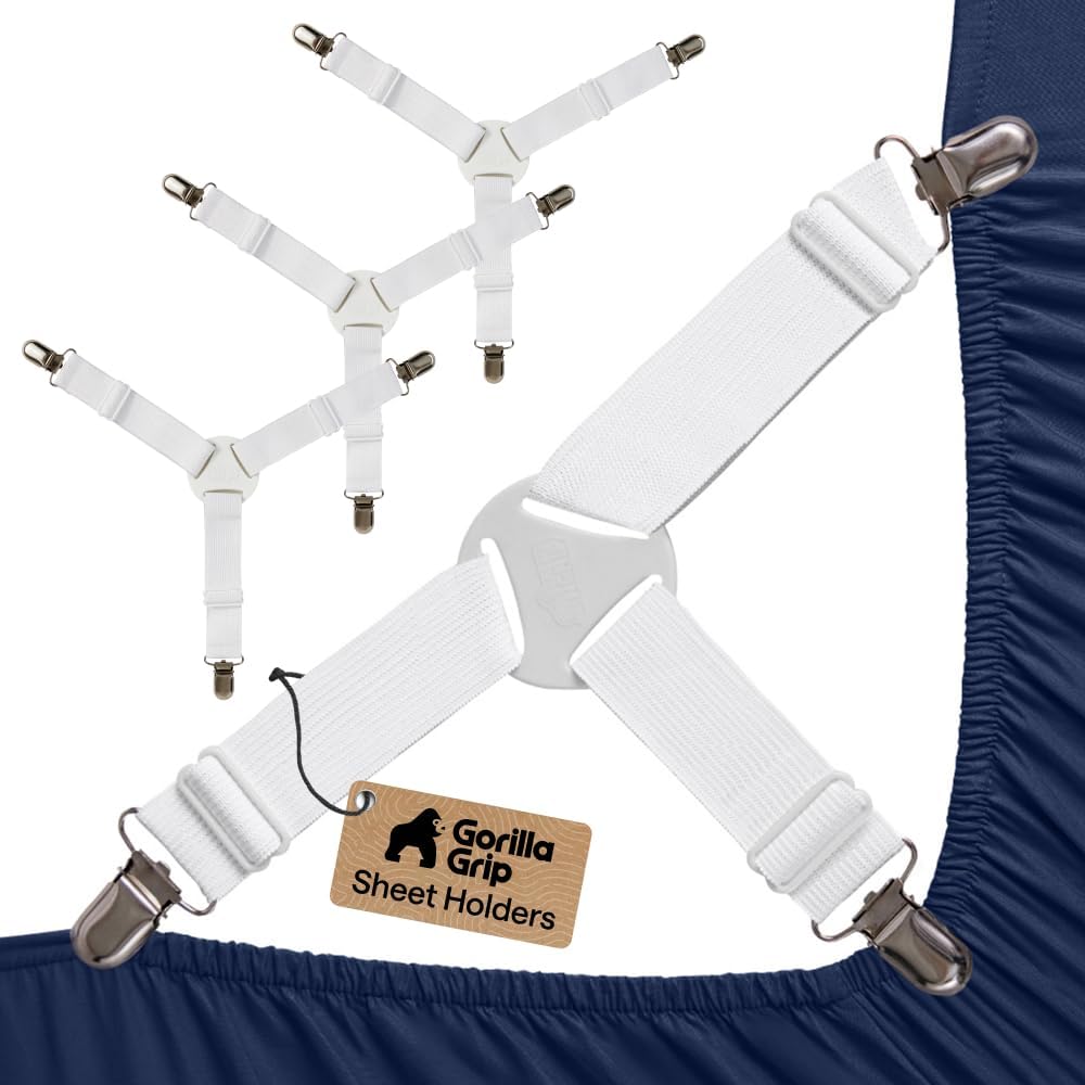 Gorilla Grip Fitted Bed Sheet Holders with Metal Clips, Pack of 4, White