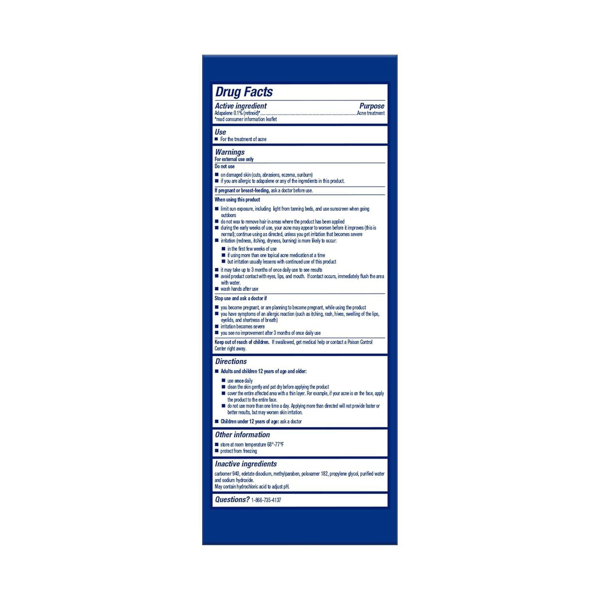 Differin Adapalene Gel — rear packaging and label details