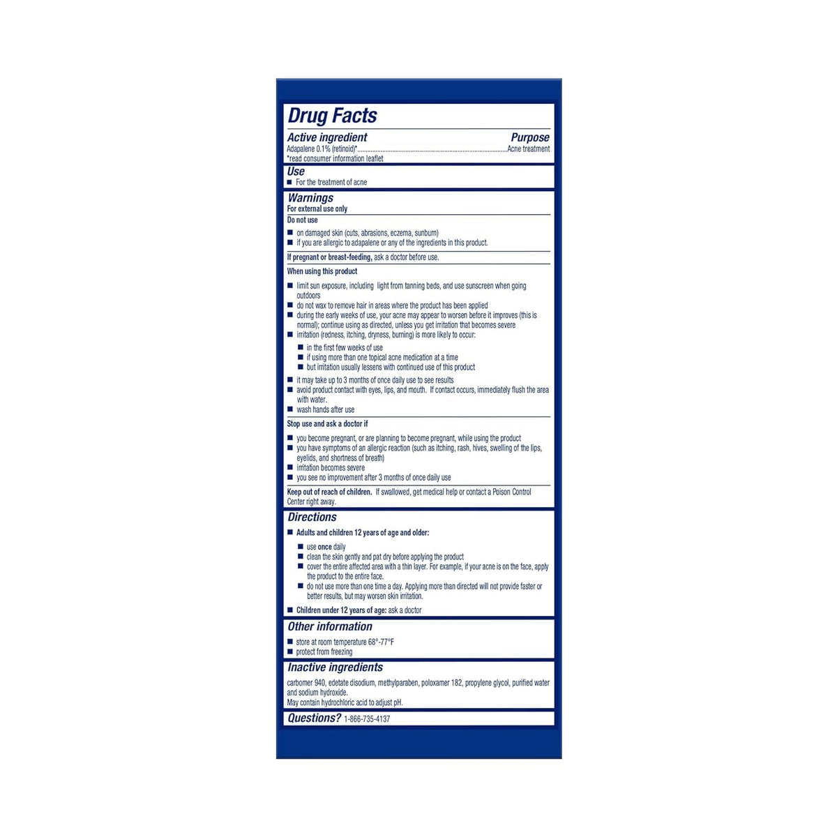 Differin Adapalene Gel — rear packaging and label details