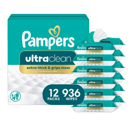 Pampers Ultraclean Baby Wipes, Unscented, 12 Flip-Top Packs, 936 Wipes