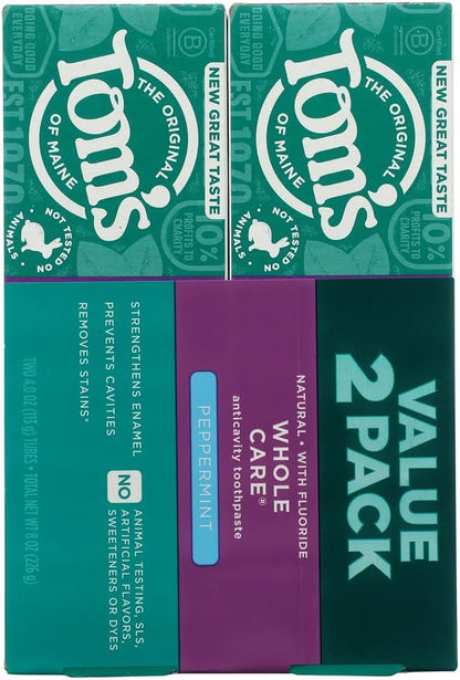 Tom's of Maine Whole Care Fluoride Toothpaste, Peppermint, 4 oz, Pack of 2