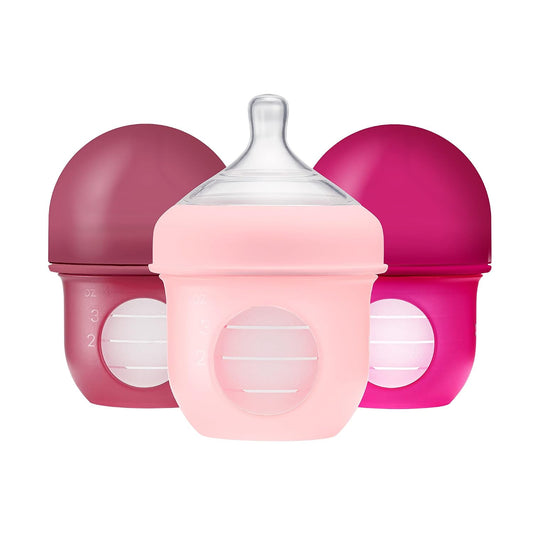 Boon Nursh Silicone Pouch Baby Bottles, Slow Flow, 4 oz (120 ml), 3 Count, Pink