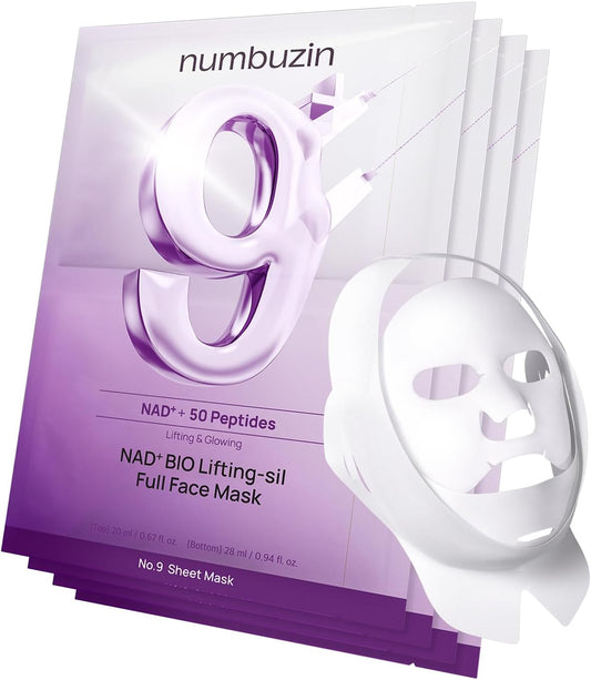 Numbuzin No.9 NAD+ & Collagen Firming Sheet Masks, 4 Masks + Lifting Band