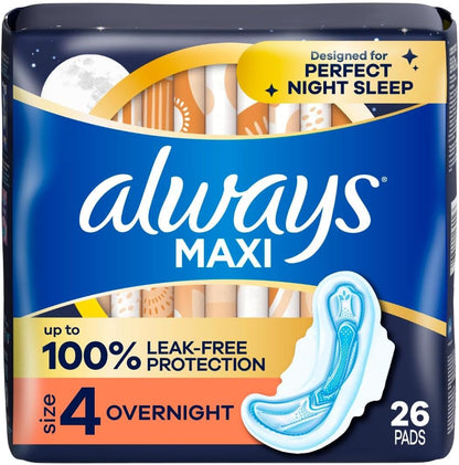 Always Maxi Overnight Pads with Wings - Size 4, Unscented, 26 Count