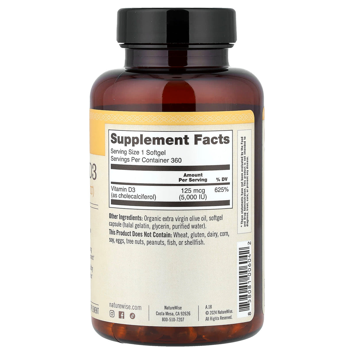 NatureWise Vitamin D3, 125 mcg (5,000 IU), 360 Softgels - view 2