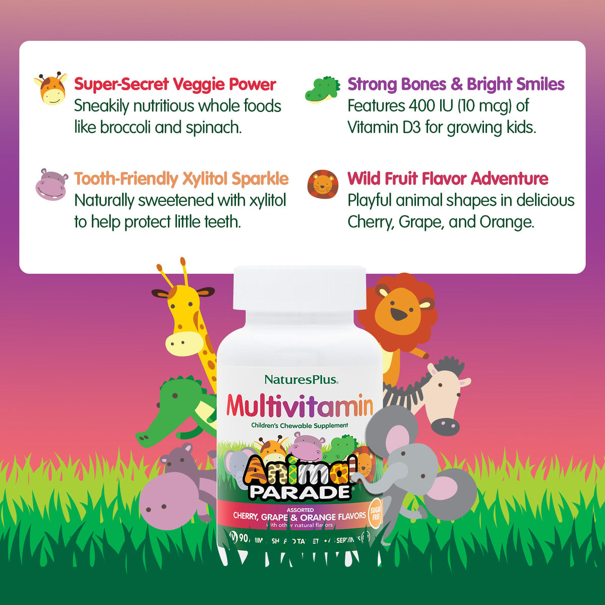 NaturesPlus Animal Parade Kids Multivitamin, Cherry, Grape & Orange, 90 Tablets - view 4