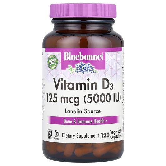 Bluebonnet Nutrition Vitamin D3, 125 mcg (5,000 IU), 120 Vegetable Capsules