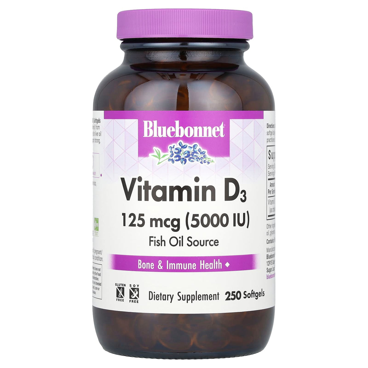 Bluebonnet Nutrition Vitamin D3, 125 mcg (5,000 IU), 250 Softgels