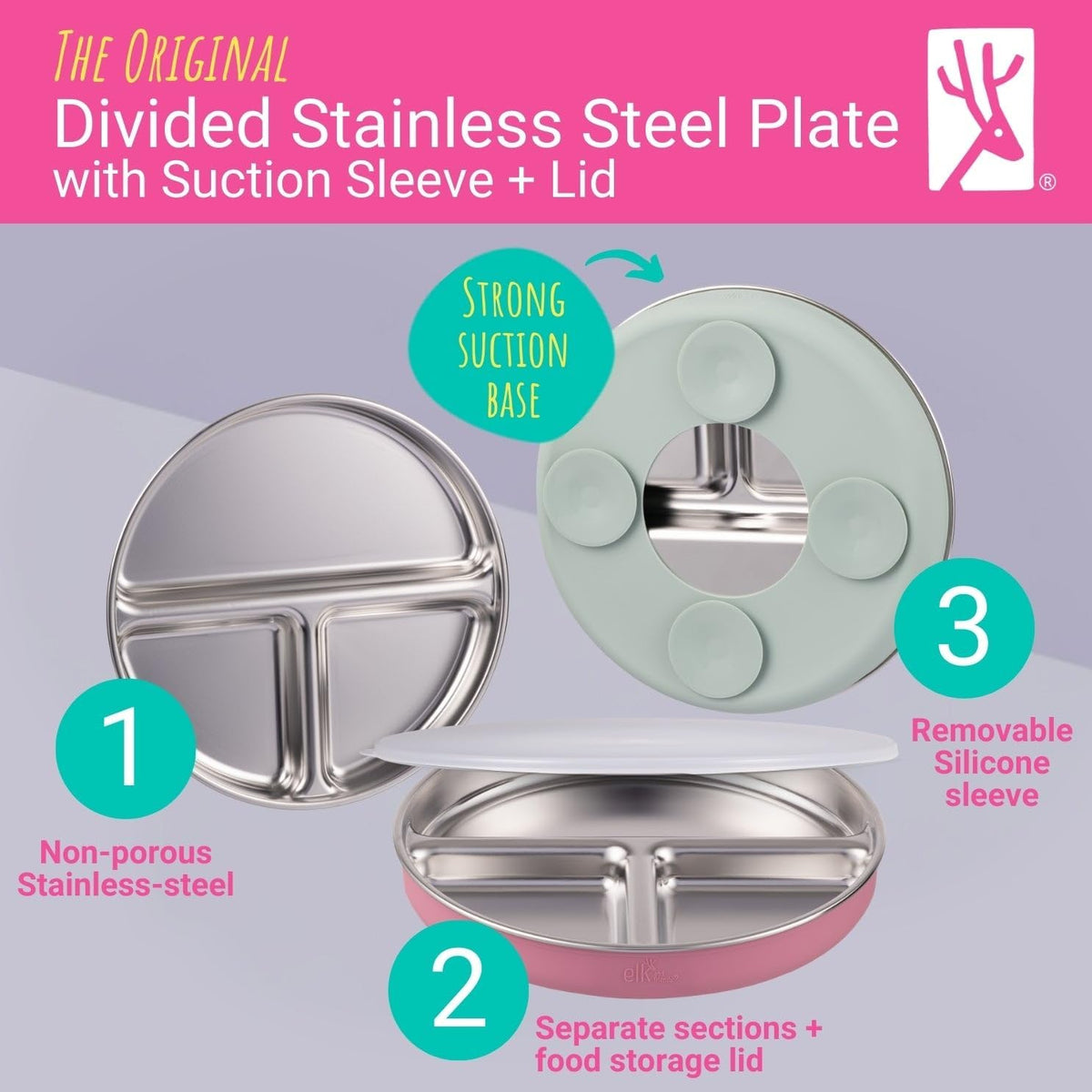 Elk and Friends Stainless Steel Divided Plates with Lids, 7.8 Inch, 4 Pack - view 2