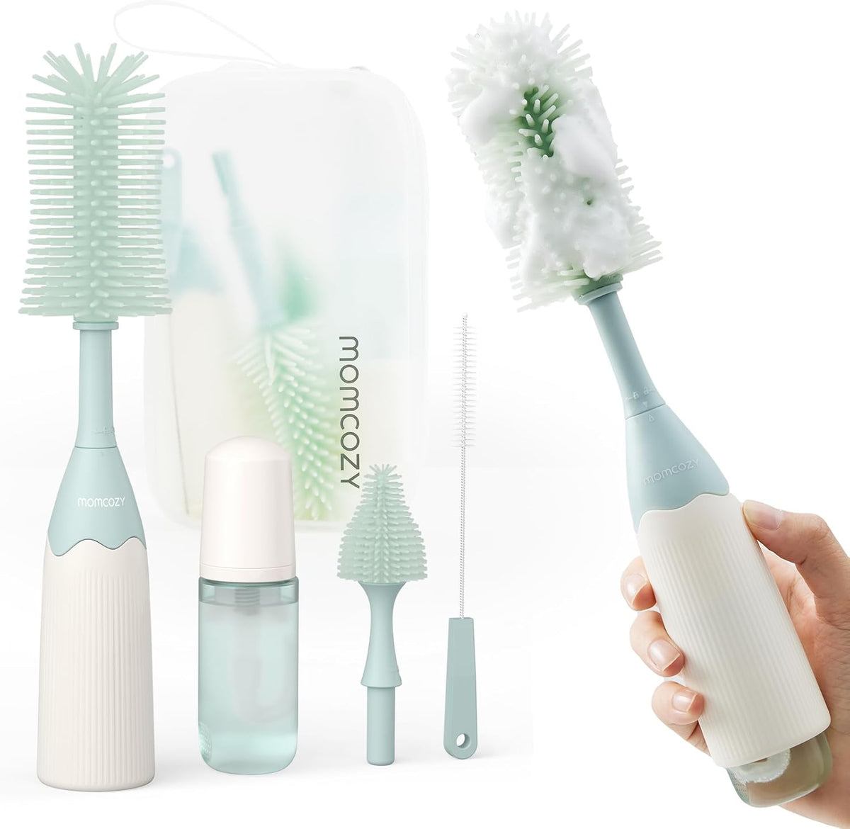 Momcozy Baby Bottle Brush Kit, Push-Press Foam Design, Green — product view