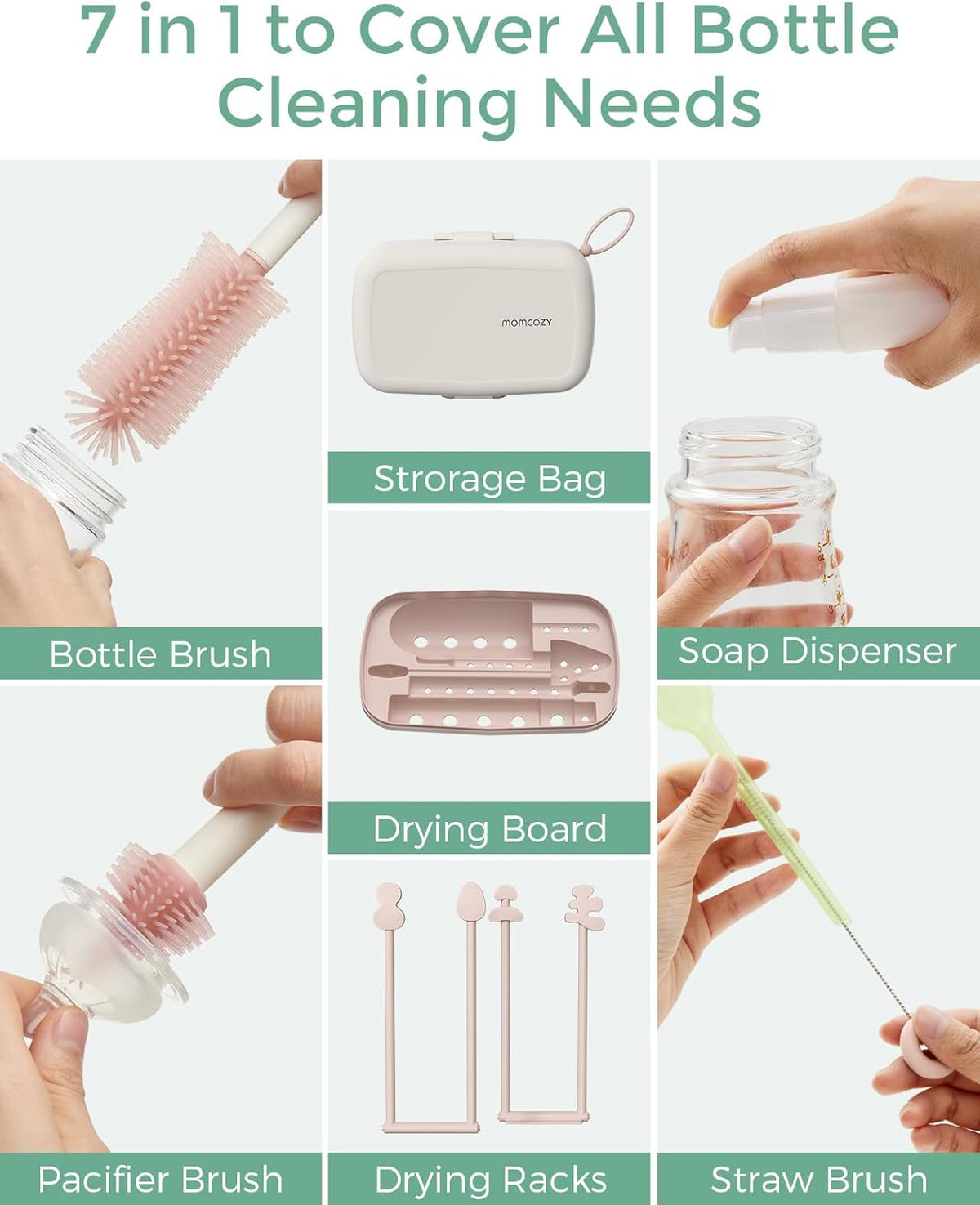 Momcozy 7-in-1 Baby Bottle Brush Set with Drying Rack, Pink - view 6