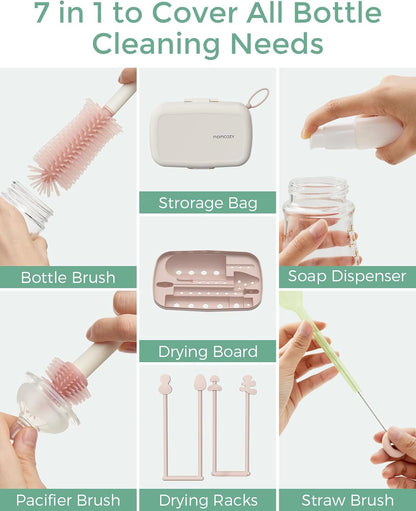 Momcozy 7-in-1 Baby Bottle Brush Set with Drying Rack, Pink - view 6