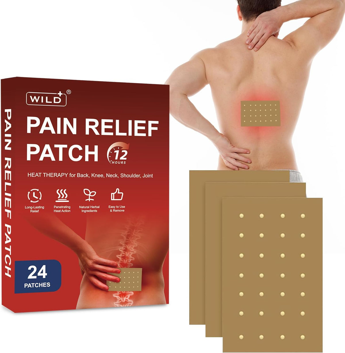 WILD+ Herbal Self-Heating Patches for Back, Neck and Shoulders, 24 Count — product view