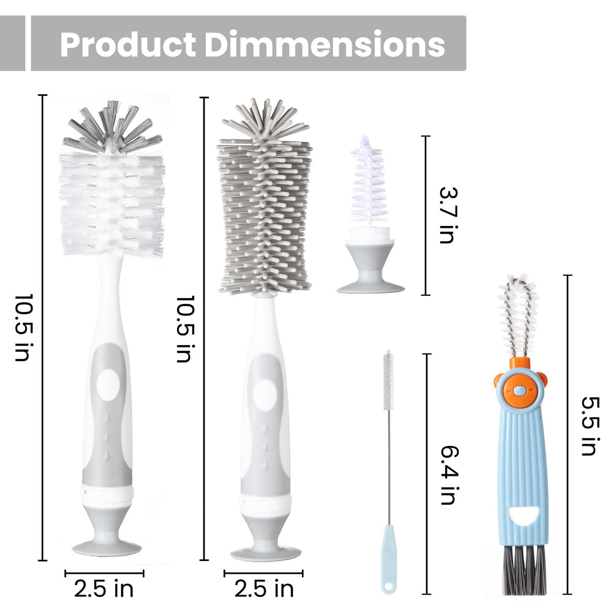 Ariseno 7-in-1 Baby Bottle Cleaning Brush Set, Grey — alternate product view