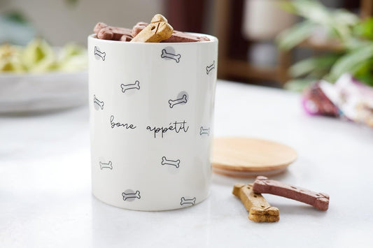Pearhead Bone Appetit Ceramic Dog Treat Jar with Airtight Wooden Lid - view 2