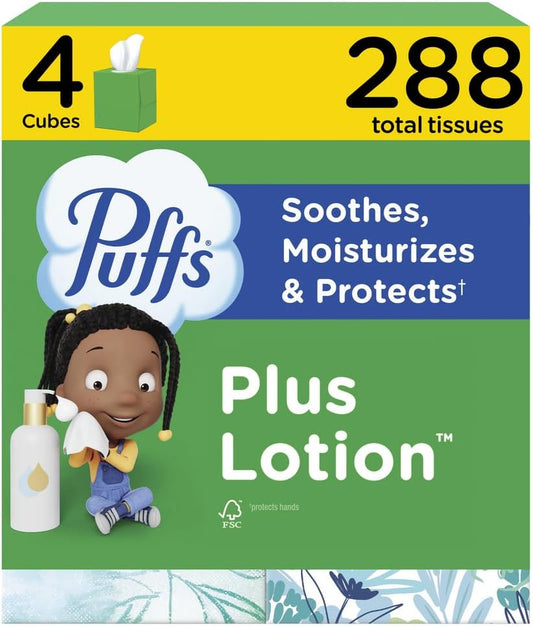 Puffs Plus Lotion Facial Tissues, 4 Mega Cubes of 72